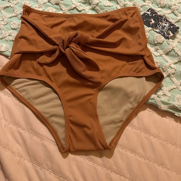 KORTNI JEANE High-Waisted Tie-Up Front Ribbed Swim  “Cashew Brown”- S - NWT - Picture 1 of 7